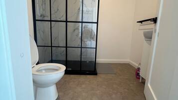 Une salle de bain comprenant des toilettes, un espace douche et un lavabo.
