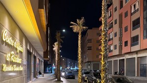 Una escena nocturna en la calle con un edificio iluminado en el izquierdo, palmeras bordeando la acera y coches estacionados a la derecha.