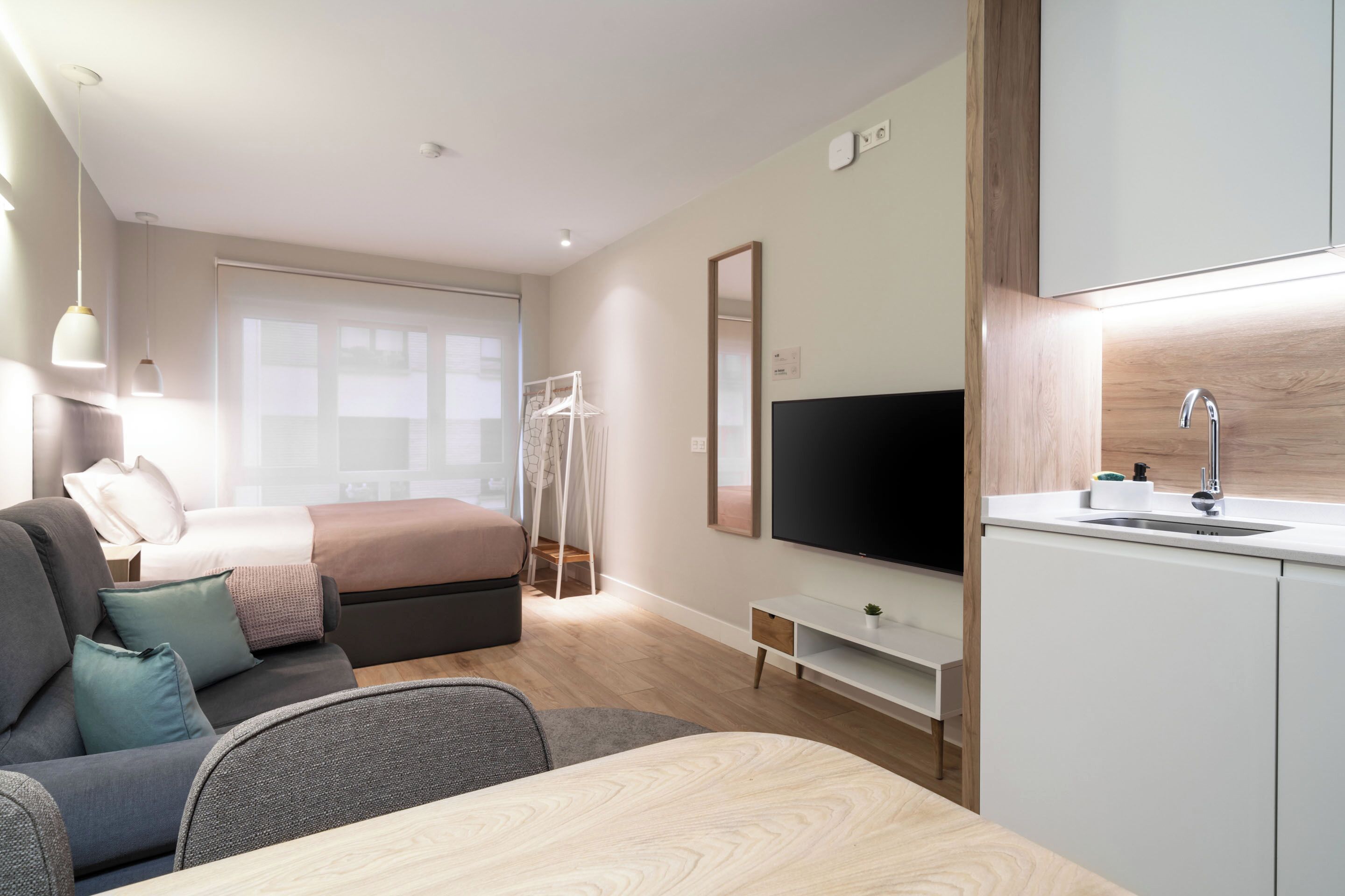 开间, 1 张双人床和 1 张沙发床 | 特色装修、特色家居、办公桌、笔记本电脑工作区