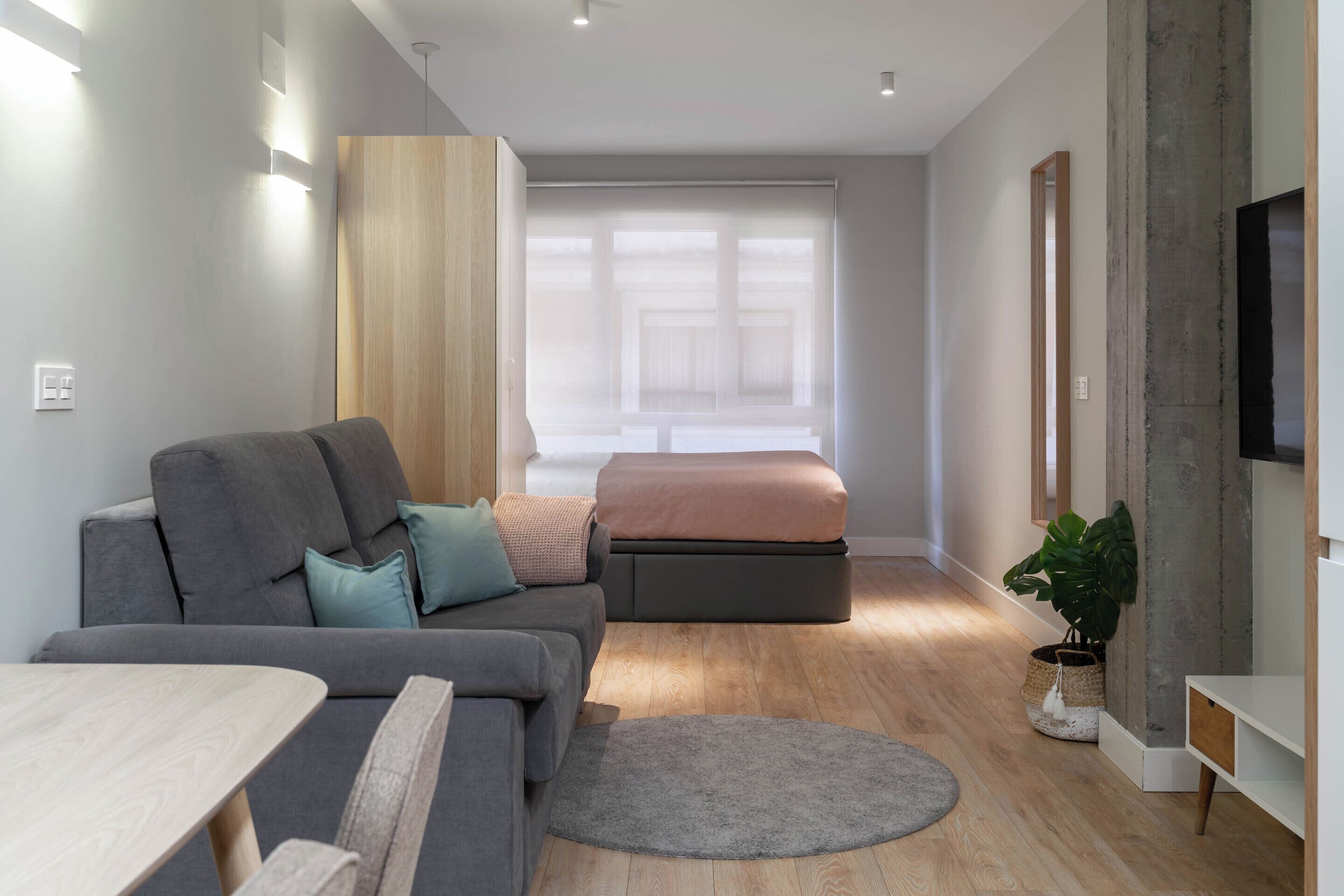 Estudio Confort, 1 cama doble con sofá cama | Decoración individual, mobiliario individual, escritorio