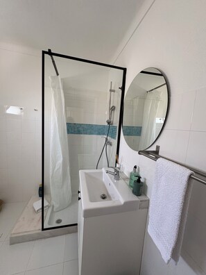 Un baño con ducha, lavabo y espejo.