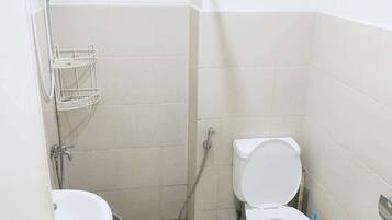 Shower, towels, soap, toilet paper