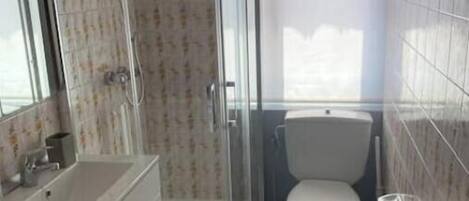 Hair dryer, towels, soap, shampoo