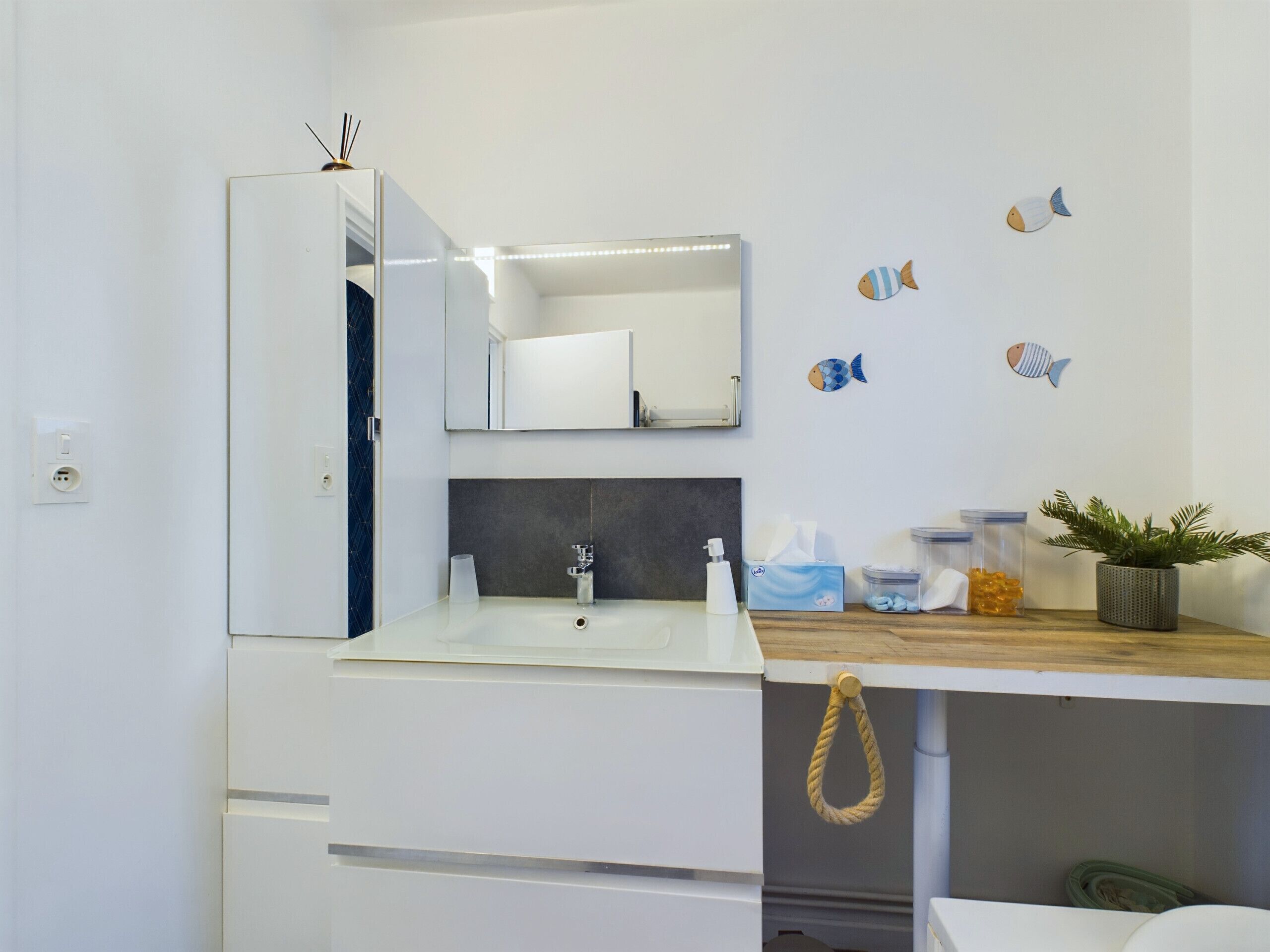 A modern bathroom with a white sink, mirror, and dark tiled backsplash. There are decorative fish stickers on the wall and a small plant on the counter.