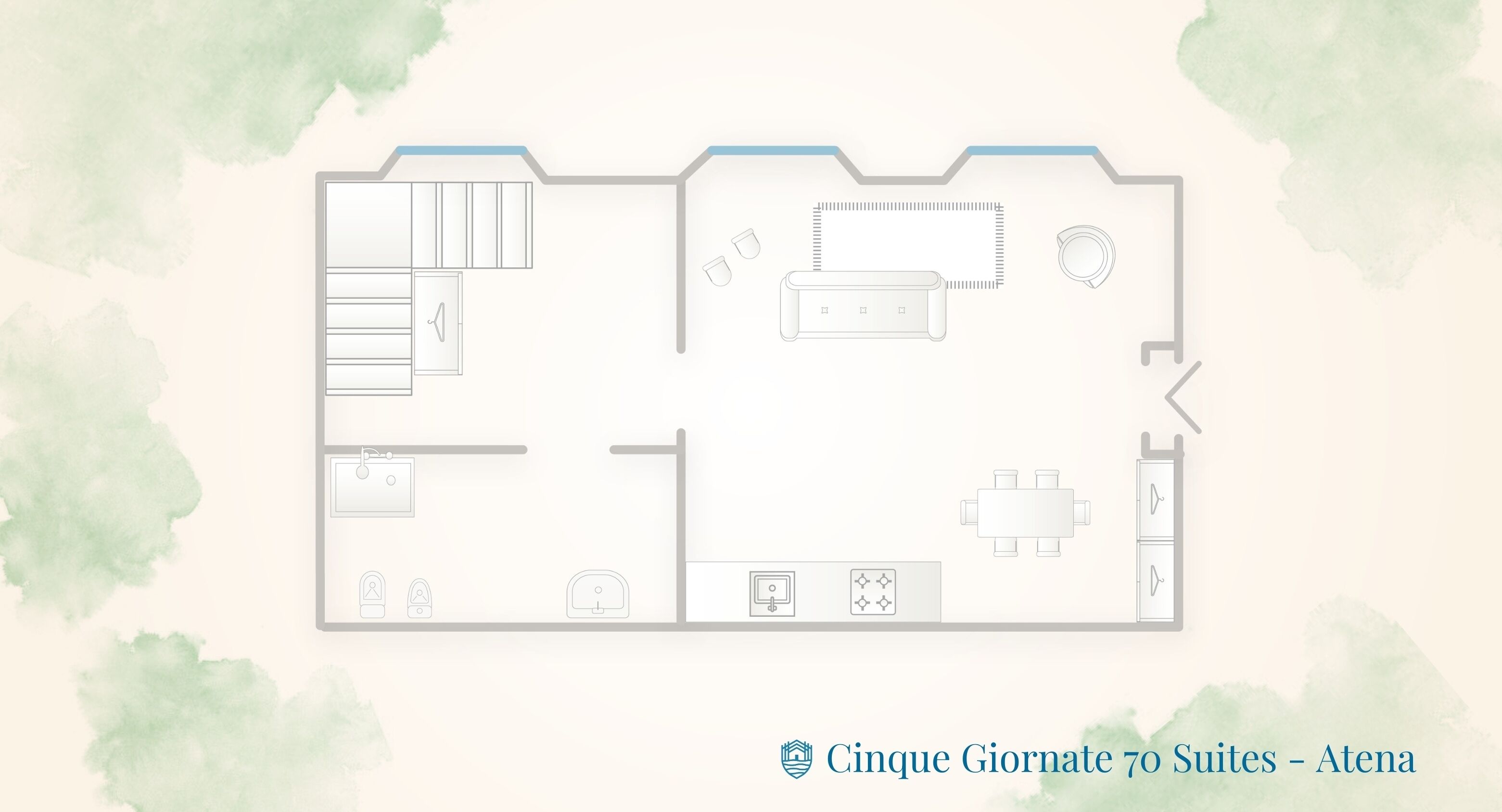 A floor plan of a hotel suite with a kitchenette, a living area, a dining table, and a bathroom.