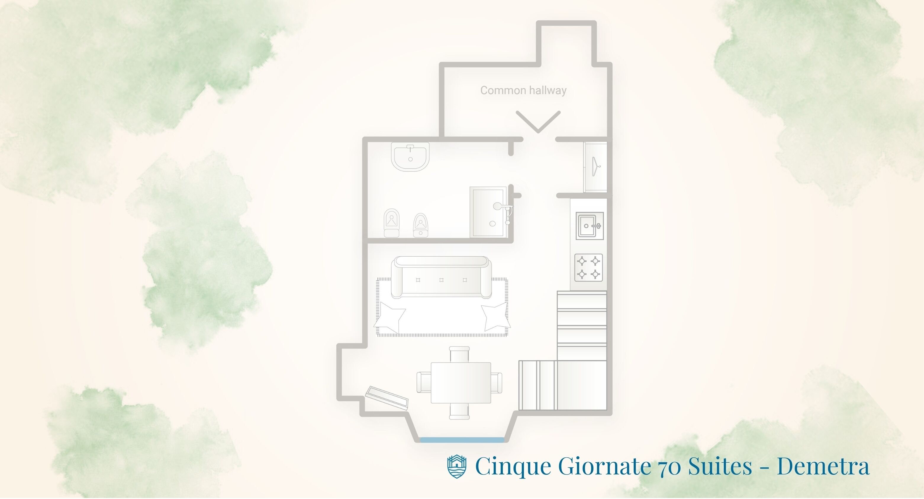 Plano de planta de una suite de hotel que incluye un pasillo común, un baño, una sala de estar, un comedor y una cocina.