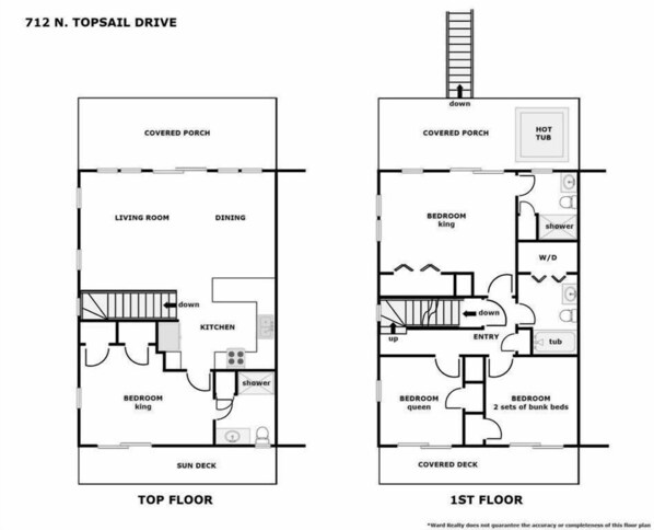 Plan d’étage d’un appartement situé au premier étage, au 712, avenue N. Topsail Drive, comprenant une véranda, un salon, un coin repas, une cuisine, deux chambres, une terrasse ensoleillée et une terrasse couverte.