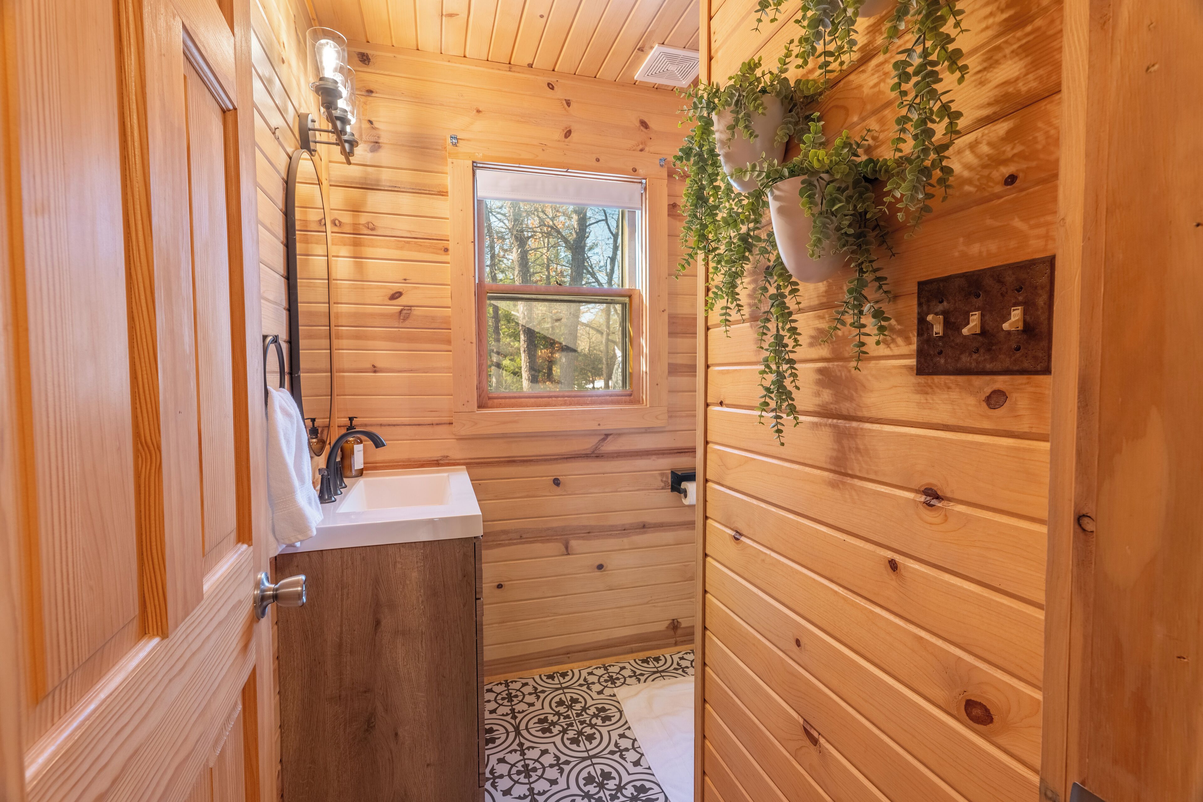 A wooden cabin bathroom with a sink, window, and hanging plants.