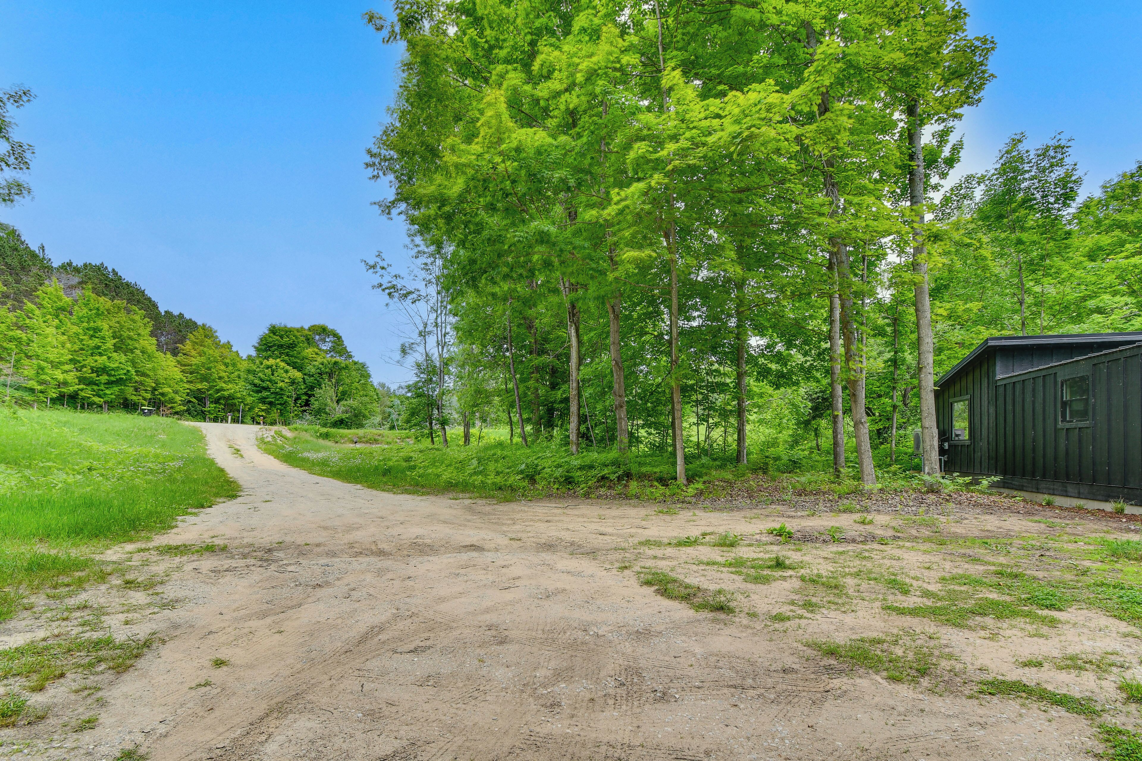 A dirt path leading to a cabin surrounded by trees.