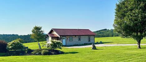 A single-story house with a red roof, surrounded by a green field and a large tree.