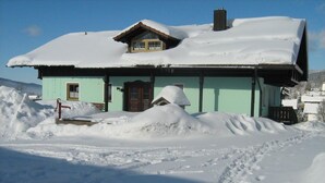 A light blue house with a steep roof covered in snow, surrounded by snowbanks. - Comfortably furnished vacation apartment with panoramic views (Arnbruck)