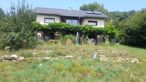 Una casa de dos pisos con techo inclinado, paneles solares y un jardín con diversas plantas y un sendero de piedra.