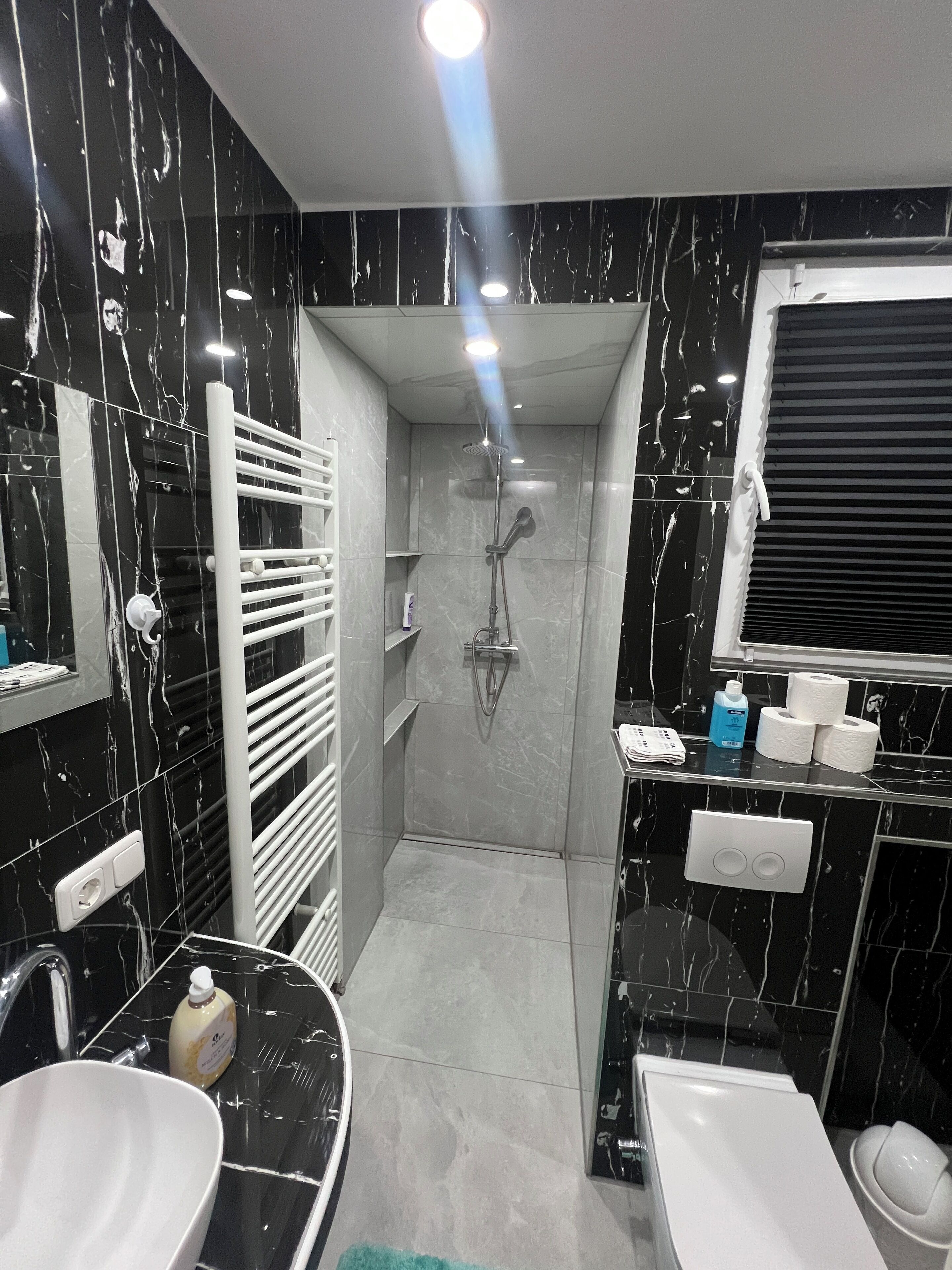 Dusche, Handtücher, Seife, Toilettenpapier