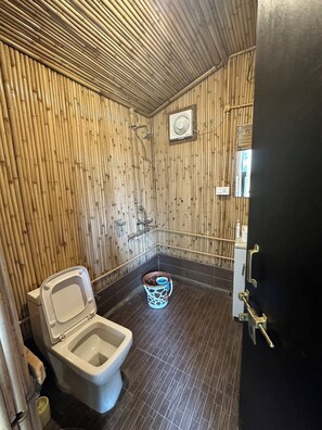 Shower, rainfall showerhead, designer toiletries, towels