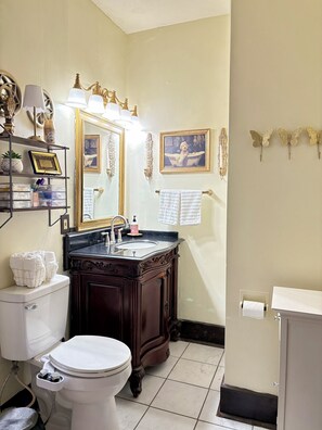 Hair dryer, bidet, towels, soap