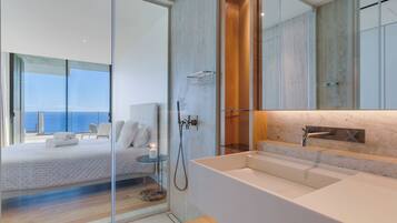 Shower, pengering rambut,  dan handuk