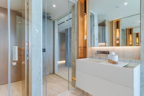 Shower, hair dryer, towels, toilet paper
