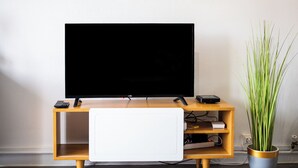 A television on a wooden stand with a remote control, a white device, and a plant in a pot. - Le studio epure du commandant (Évreux)