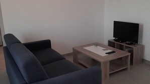 Een woonkamer met een donkerblauwe bank, een houten salontafel en een televisie op een meubel.