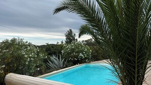 A swimming pool surrounded by lush greenery and a clear sky.