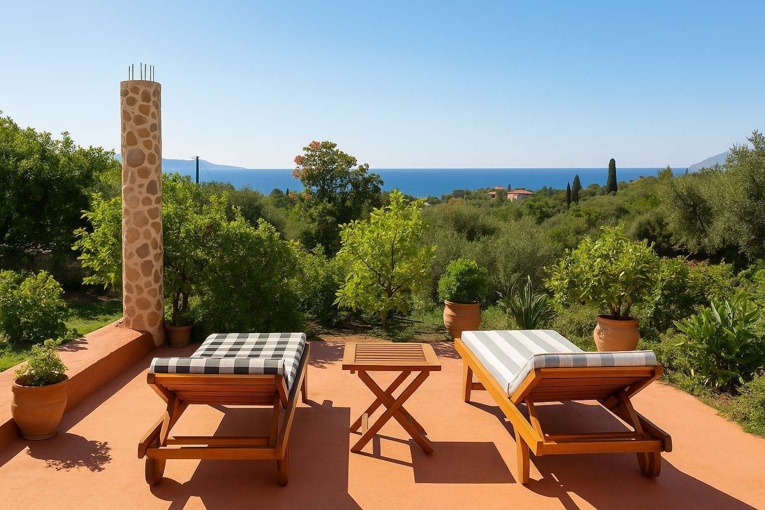 A terrace with two wooden lounge chairs, a checkered table, and a tall giraffe sculpture.