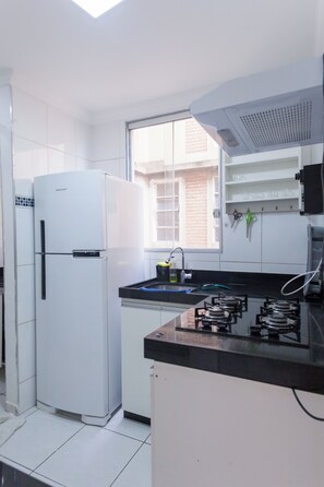 Kühlschrank, Herdplatte, Kochgeschirr/Geschirr/Besteck, Gewürze