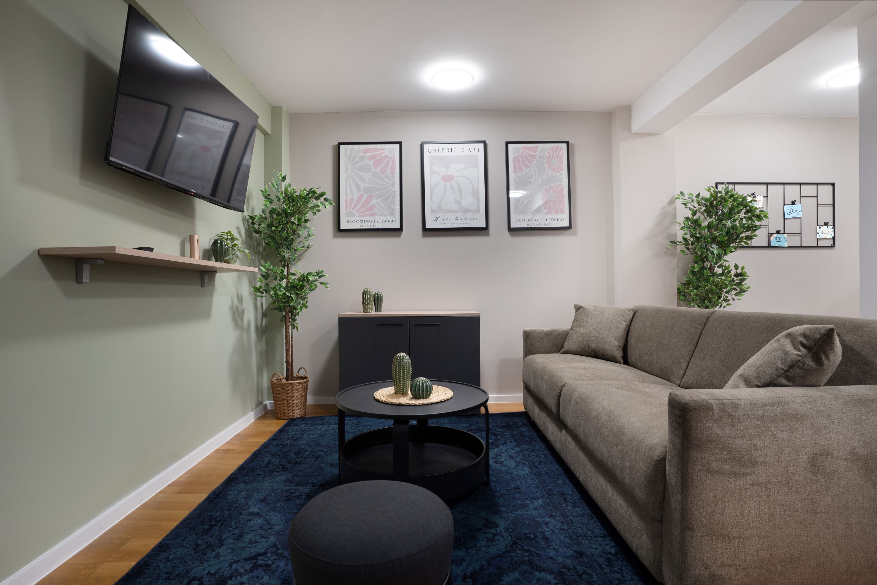 A modern living room with a flat-screen TV, a sofa, a round coffee table, and a blue rug.