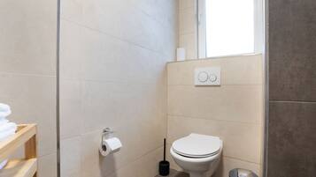 A modern bathroom with a toilet, a toilet paper holder, a bidet, and a trash bin.