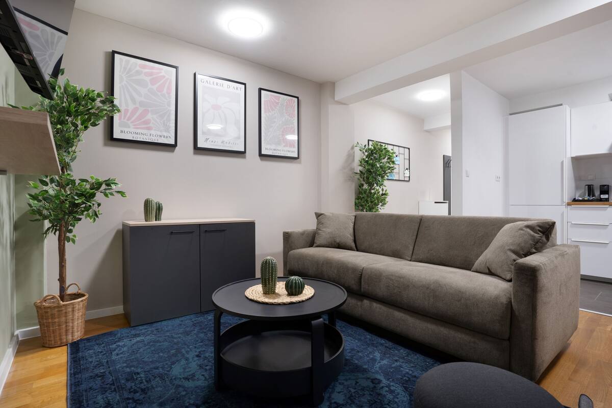 A modern living room with a grey sofa, a round black coffee table, and a blue rug. There are framed artworks on the wall and a small cactus on the table.