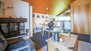 Departamento básico | Área de sala de estar | Televisión y chimenea 