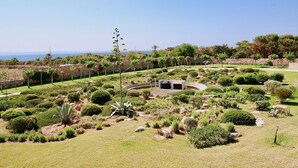 Un jardín ajardinado con diversas plantas y una pequeña estructura, posiblemente un pabellón o mirador, rodeado por un muro de piedra.