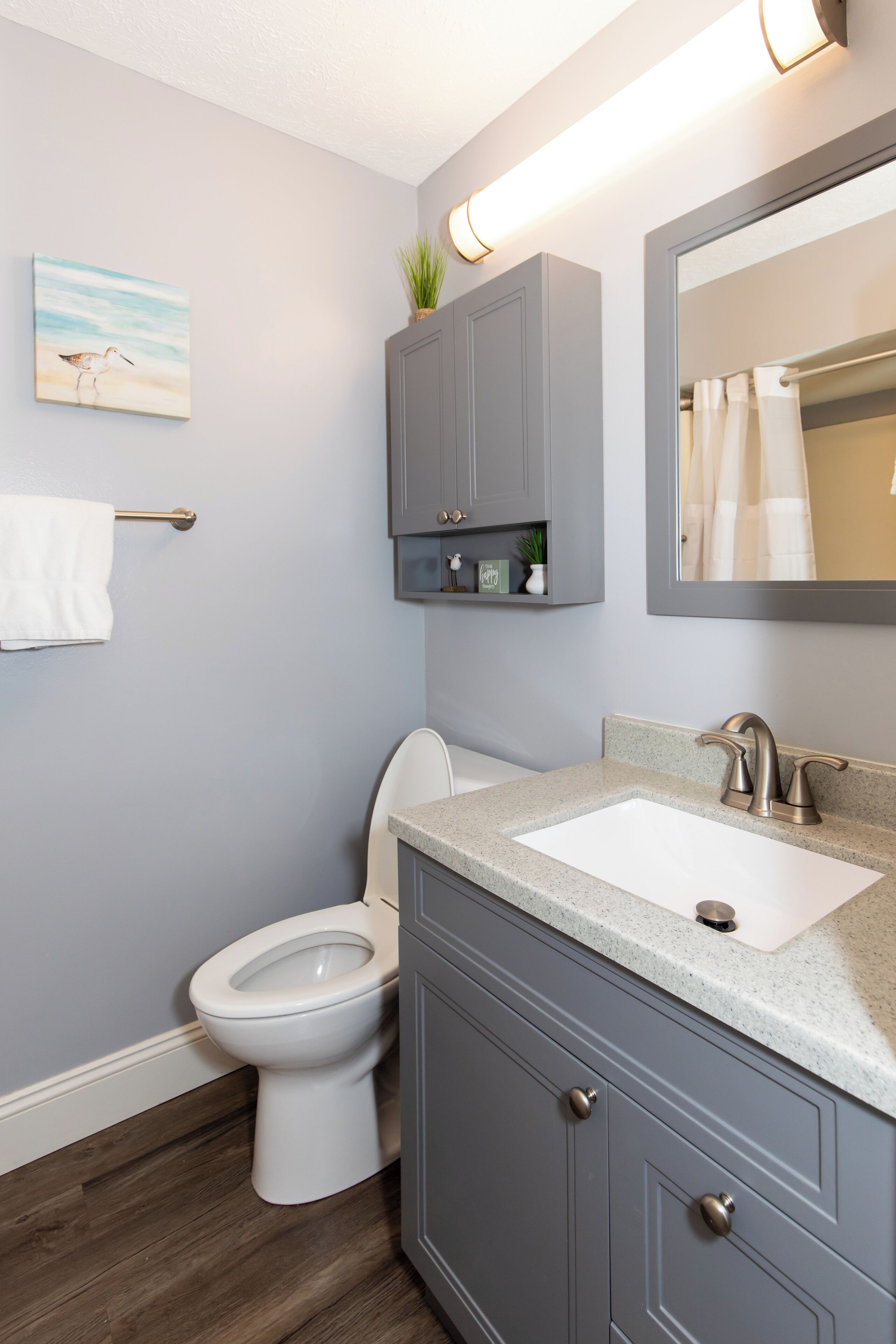 A bathroom with a toilet, a sink with a mirror, and a cabinet with a plant.