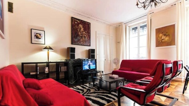 A living room with a red sofa, a black entertainment unit, a television, and a fireplace. - Historic loft with character, Grenoble city center (Grenoble)