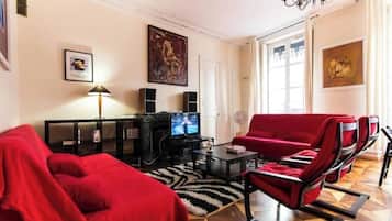 Télévision, cheminée, lecteur de DVD, livres
