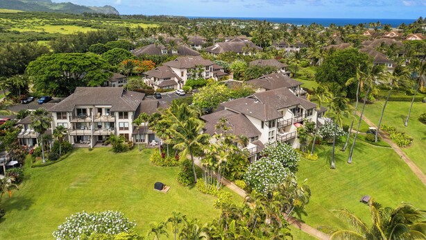 A residential area with houses, green lawns, and a view of the ocean.