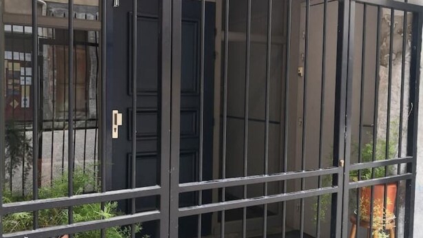 Una puerta de metal con planta en maceta y un edificio al fondo.