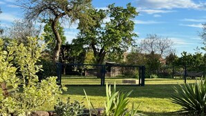 A fenced outdoor area with grass, trees, and a clear sky. - Ferienhaus Havelzeit in Werder an der Havel (Werder an der Havel)