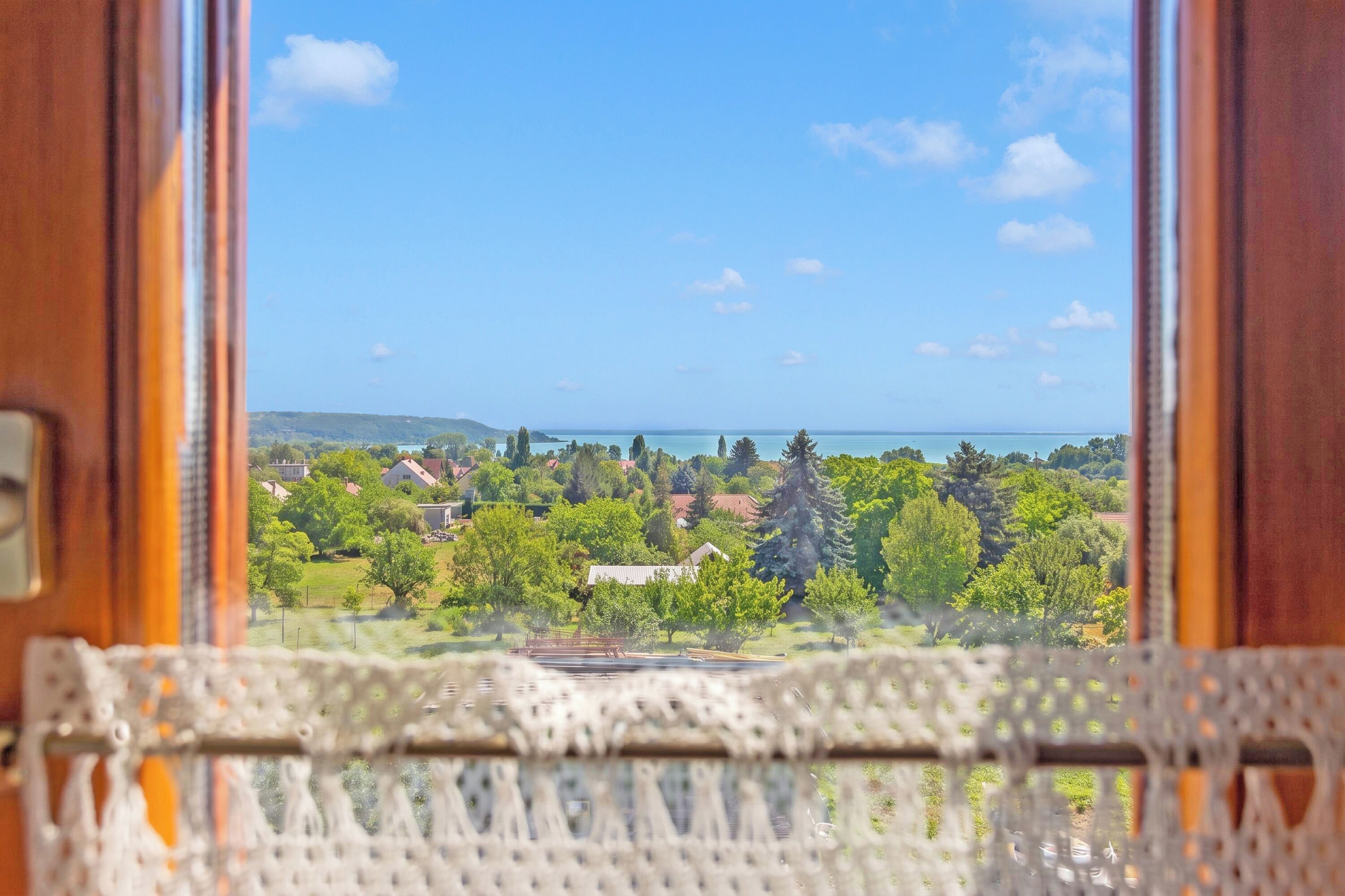 A view through a window with a lace curtain, overlooking a landscape with houses, trees, and a body of water.