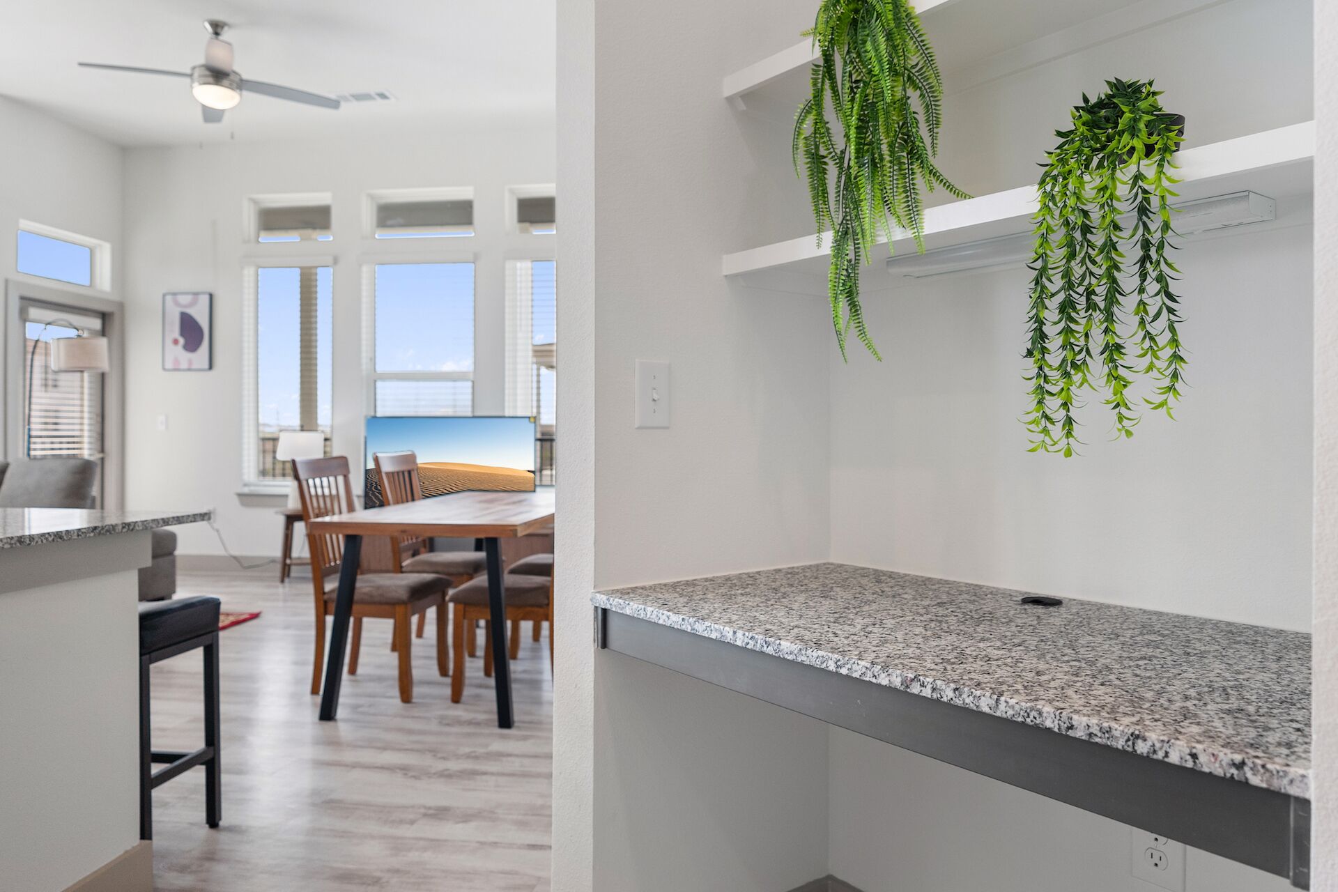 A modern kitchen with granite countertops, a dining area with wooden chairs, and hanging green plants.
