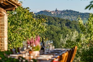 A dining table set outdoors with a view of a hilltop town.
