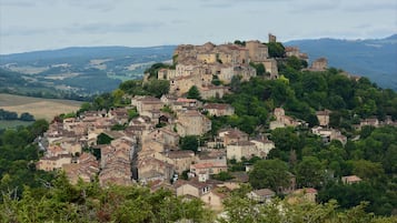 Un pueblo histórico con arquitectura medieval, viviendas densas y un castillo imponente en una colina.