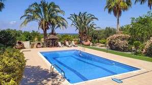 Une piscine rectangulaire, bordée d’une terrasse carrelée, entourée de palmiers et de verdure, et offrant une vue sur la mer en arrière-plan.