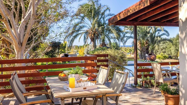Un espace extérieur aménagé avec du mobilier en bois, une table où sont servis les articles du petit-déjeuner, et une vue sur des palmiers et une piscine.