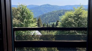 Blick durch ein Fenster mit Holzrahmen, das eine gebirgige Landschaft mit dichten Wäldern und blauem Himmel zeigt.