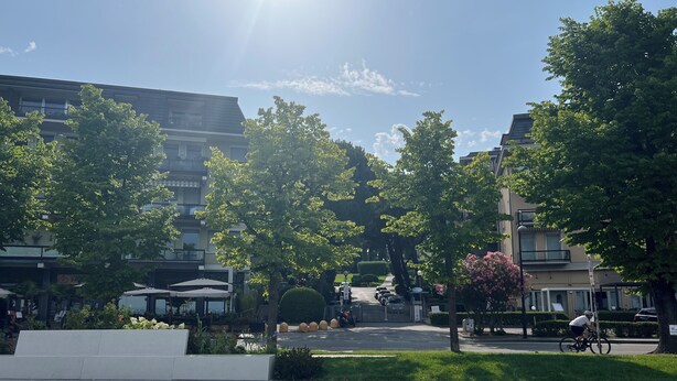 A paved plaza with trees, a cyclist, and parked cars. - Stay overnight in a luxurious apartment, central location within walking distance of the lake (Desenzano del Garda)