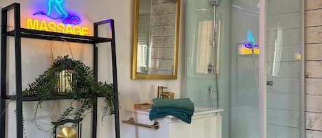 シャワー、ヘアドライヤー、タオル、トイレットペーパー