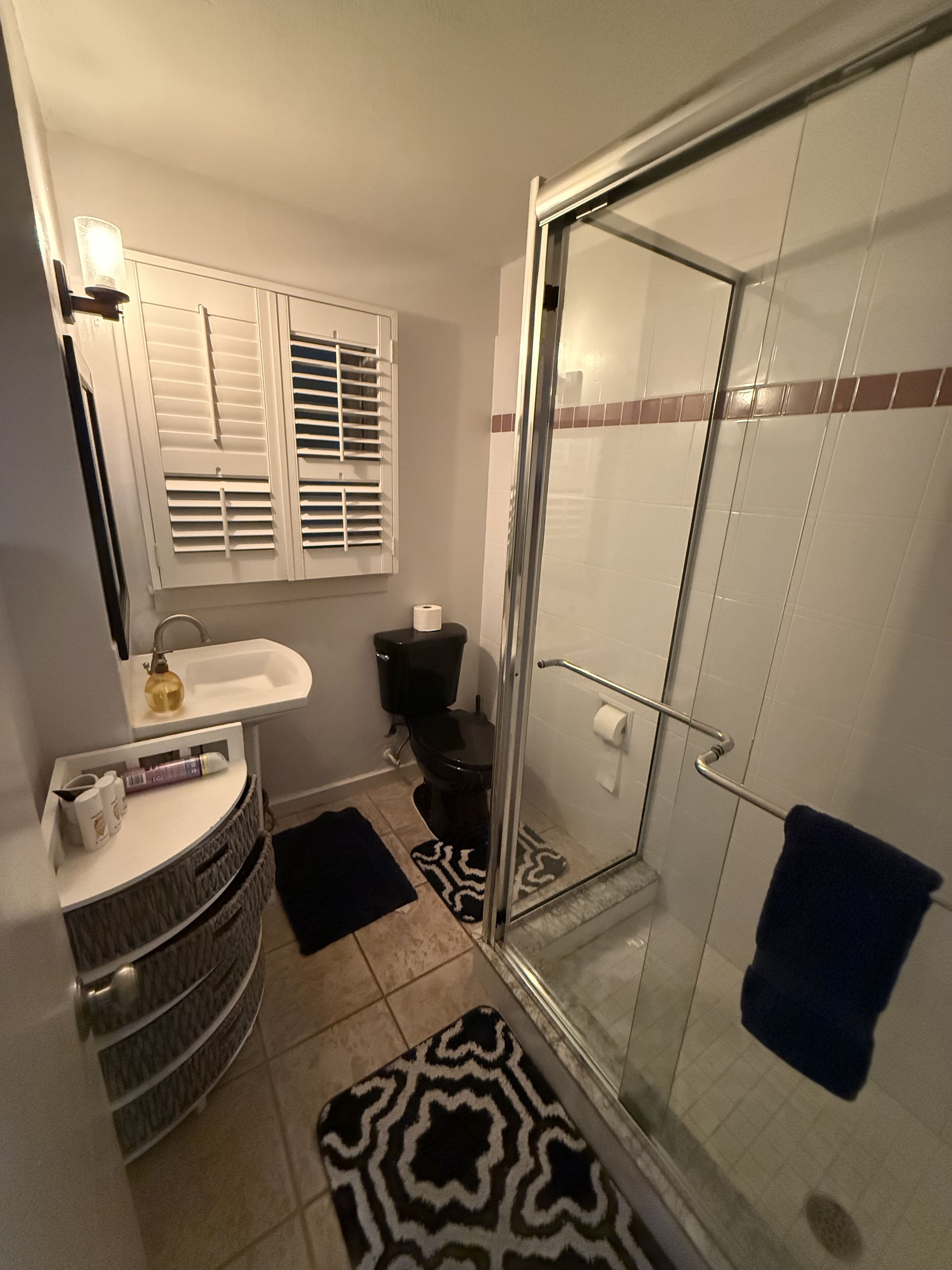 Un baño con mampara de vidrio, lavamanos blanco, inodoro y alfombra estampada.