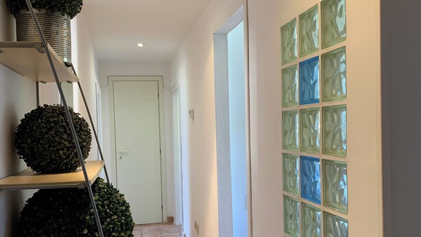 A hallway with a tiled floor, a metal shelf with potted plants, and a wall with a mosaic pattern. - Flat nearby Vaticano - Caracciolo 4 (Rome)