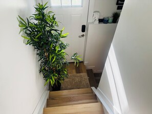 A staircase with a potted plant on the left, a white door at the top, and a shelf with items on the right.