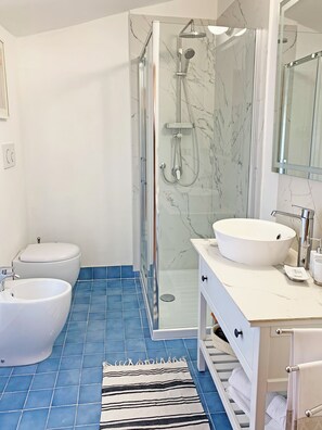 Regadera, secadora de cabello, bidet, toallas 